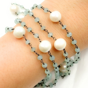 Blue Aqua Chalcedony & Pearl Oxidized 925 Sterling Silver Wire Chain